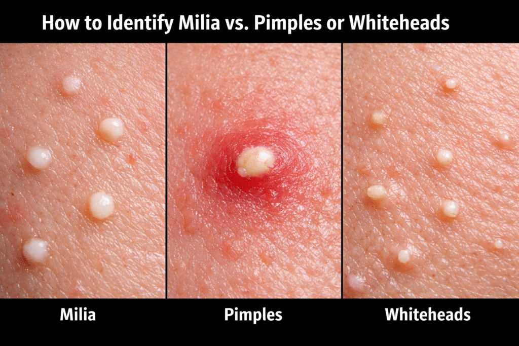 Search Milia vs pimples vs whiteheads visual guide.