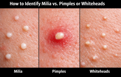 Search Milia vs pimples vs whiteheads visual guide.