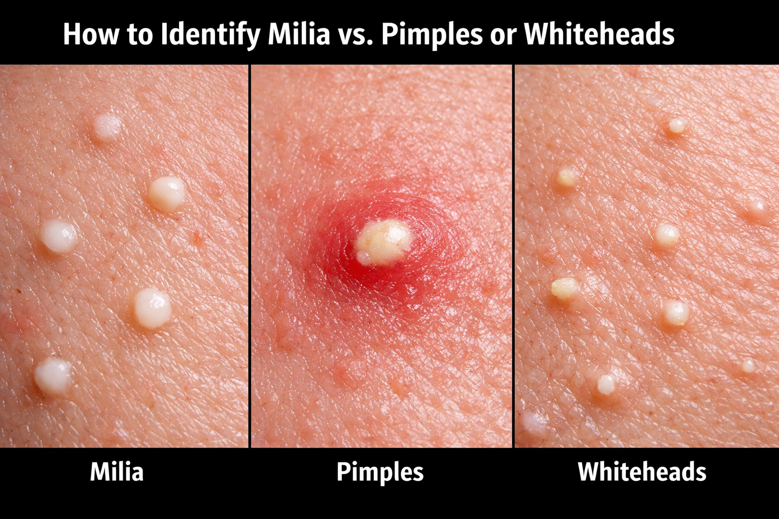 Search Milia vs pimples vs whiteheads visual guide.