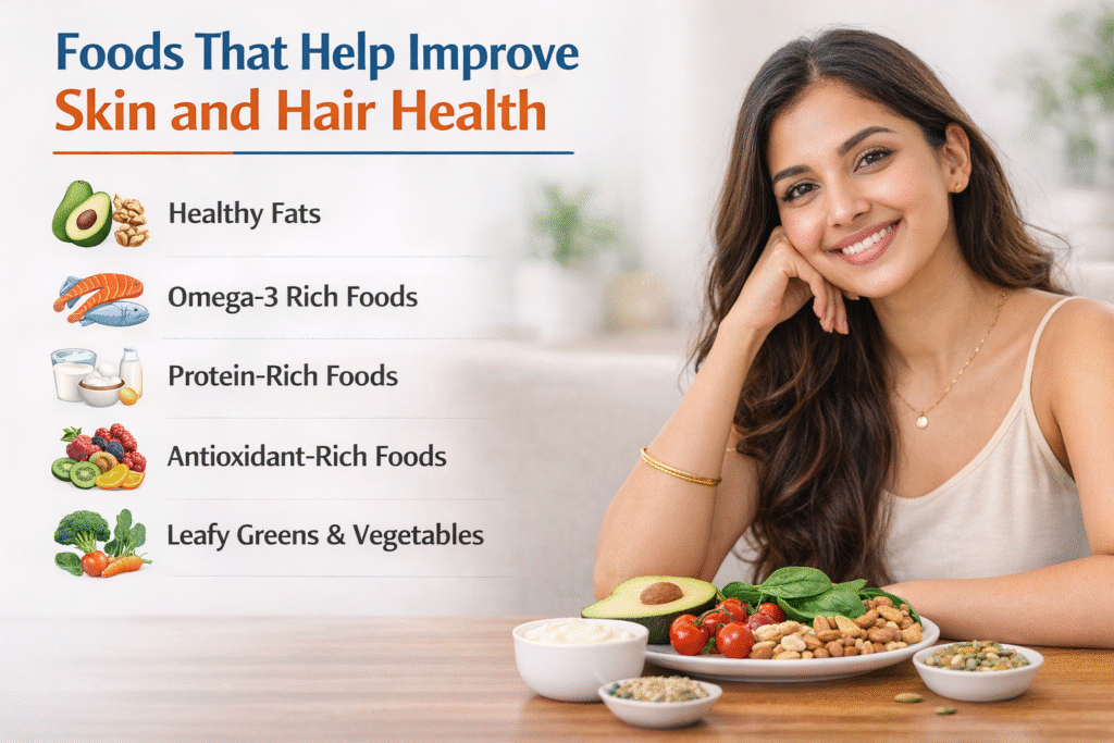 find healthy foods for glowing skin and strong hair.